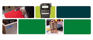 Graphic banner with green colour blocks and photograph of Brother PTouch label printer